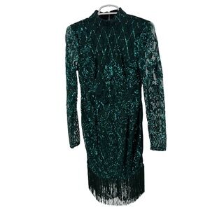 PrettyLittleThing Emerald Green Sequin Long Sleeve Fringe Mini Dress